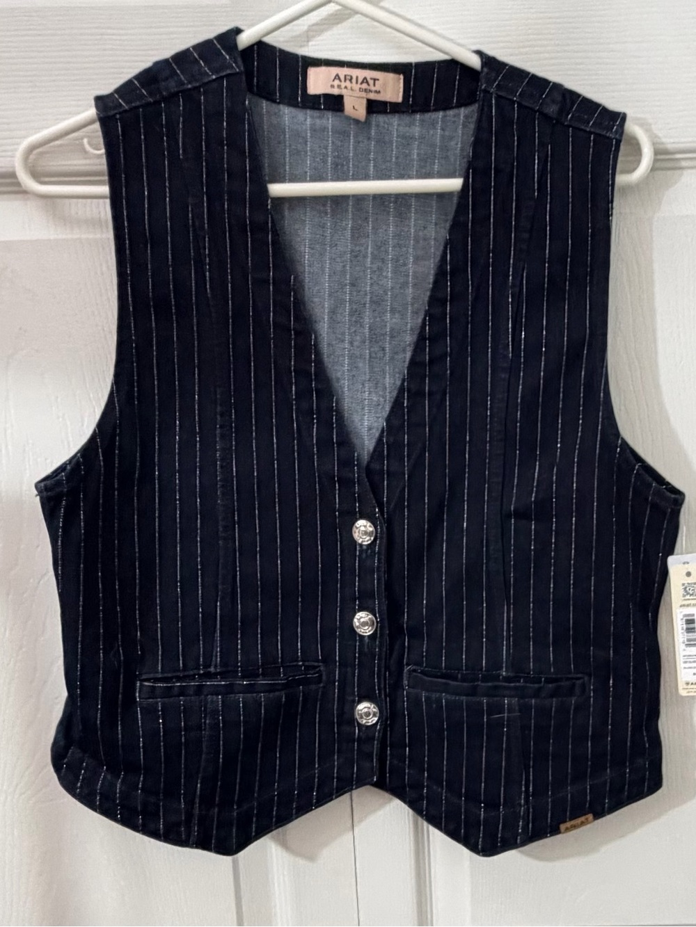 Ariat Real Denim Womens Large Silver Stripe Western Denim Vest NWT